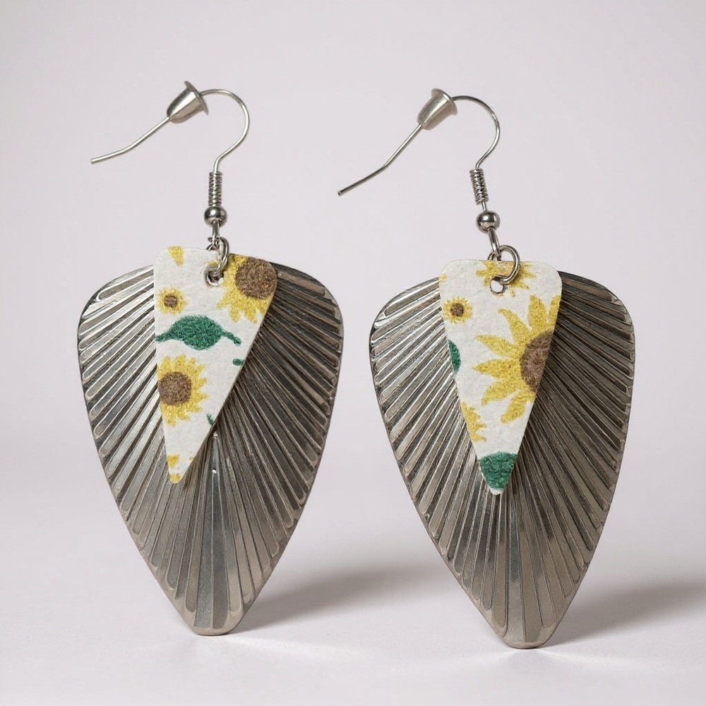 Sunflower Print Drop Earrings Silver Tone Boho Statement Jewelry